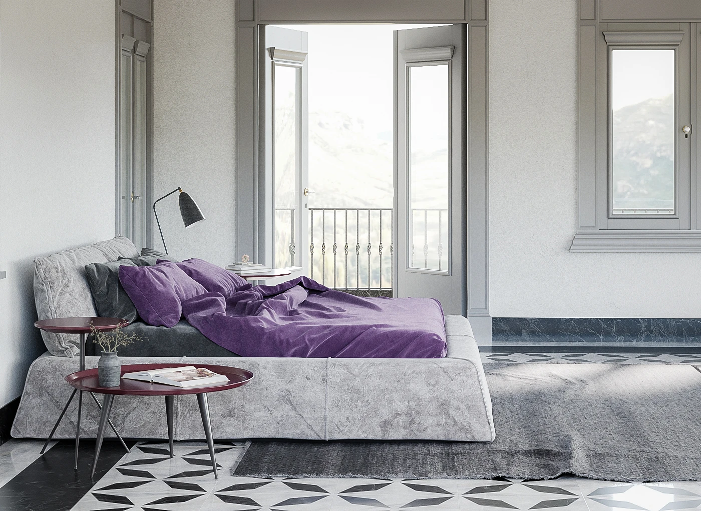 Bright architectural bedroom visualization with a purple bed and mountain view